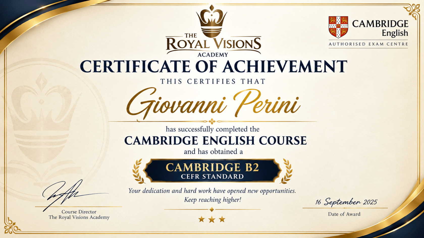 Sample certificate from our English Courses Online at The Royal Visions Academy
